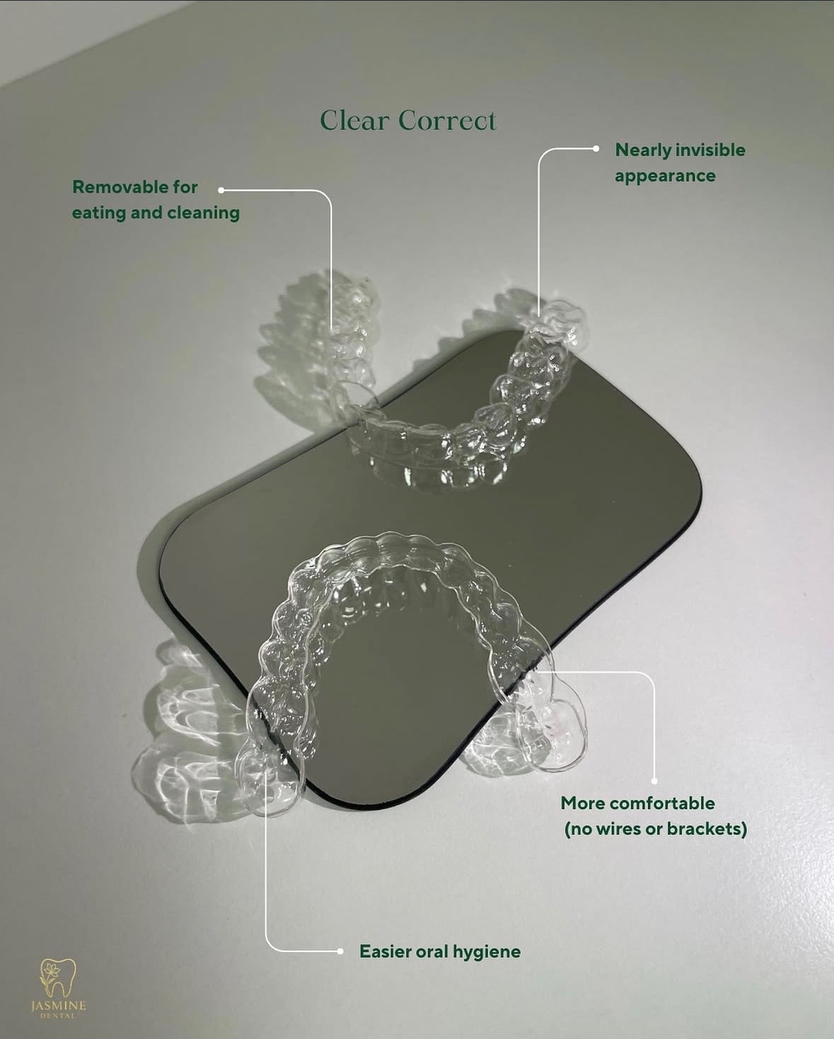 ClearCorrect aligners: removable for eating and cleaning, nearly invisible, more comfortable with no wires or brackets, easier oral hygiene